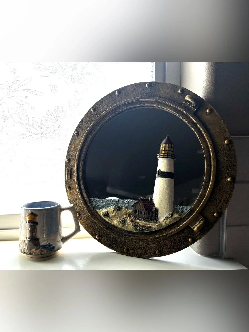 Nautical Lighthouse Porthole Wall Art - White & Gold
